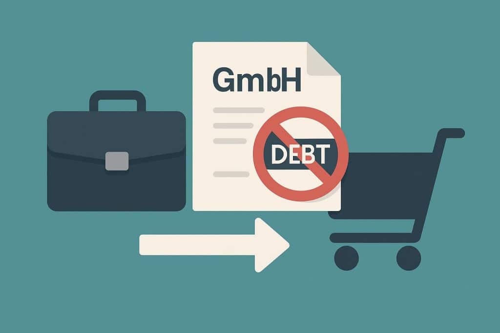 Business documents and calculator illustrating GmbH sale with debt, risks, and legal options in Germany