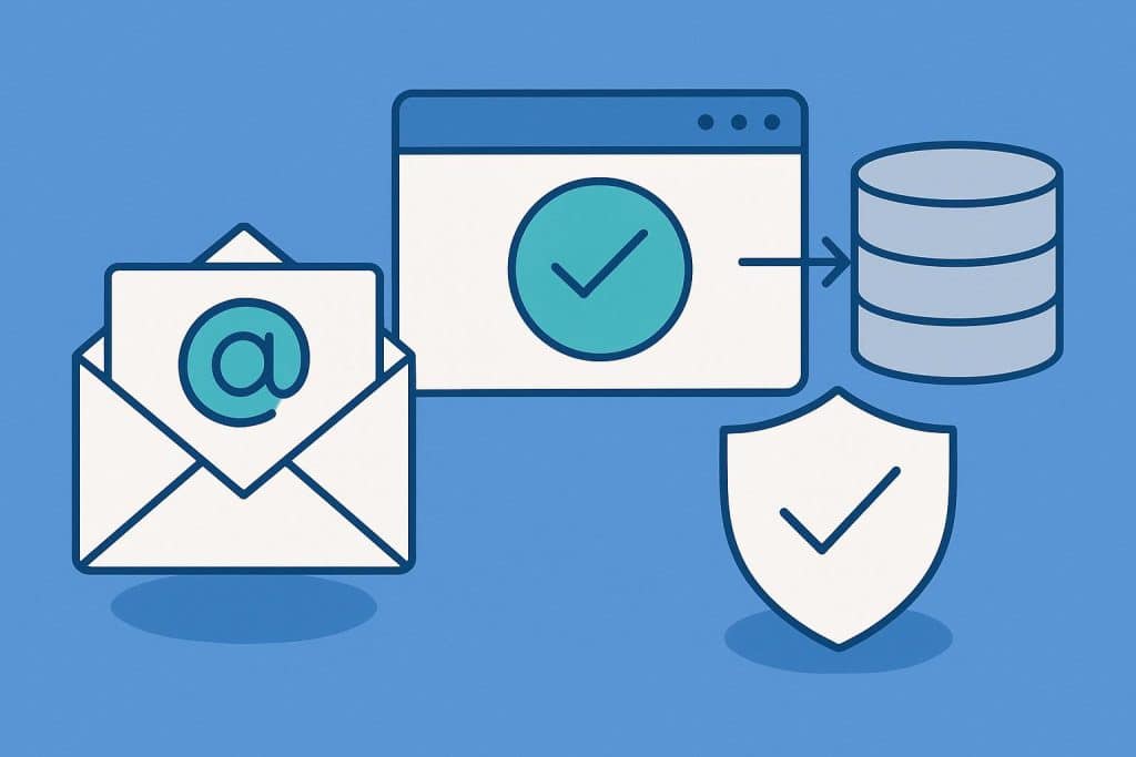 Catch-all email verification concept with envelope icons and shield representing secure campaigns