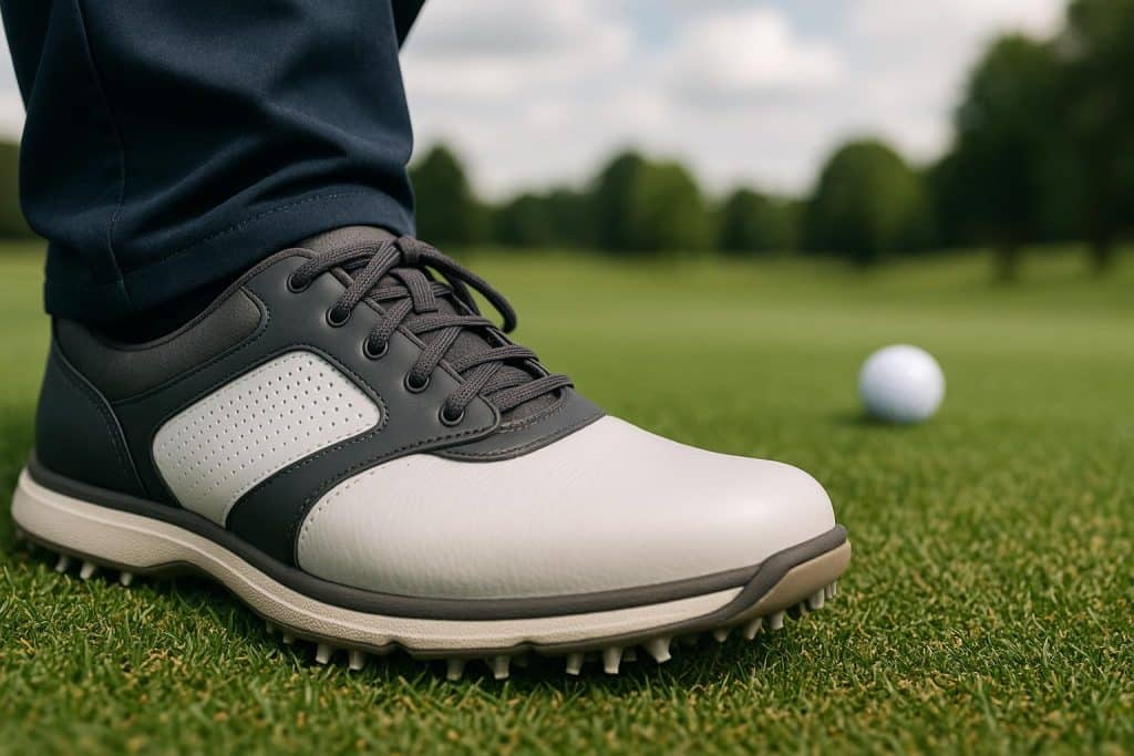 Wide golf shoes on grass, highlighting support, comfort, and improved performance for players