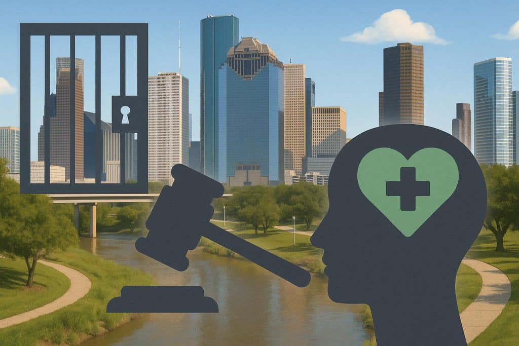 Houston, TX and the Growing Conversation About Mental Health in the Criminal Justice System Houston skyline with courthouse highlighting mental health awareness in the criminal justice system