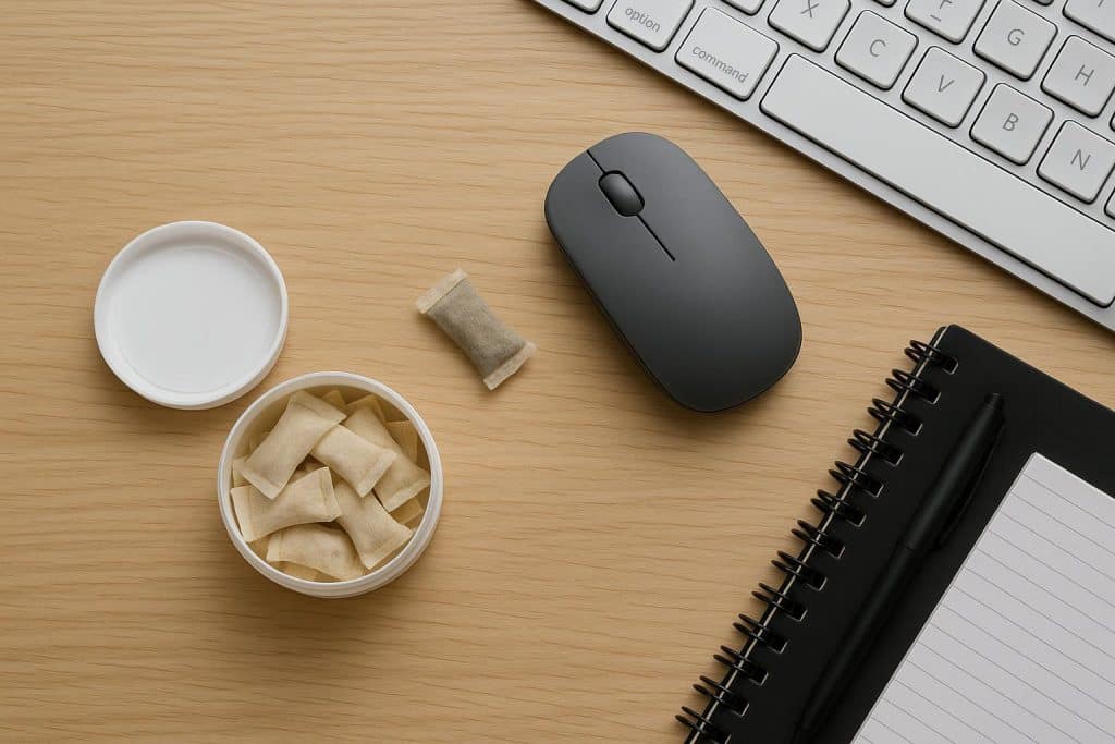 Nicotine Pouches and Focus: What Desk Workers Should Know in 2026 Nicotine pouches on office desk with laptop and coffee, highlighting focus for desk workers