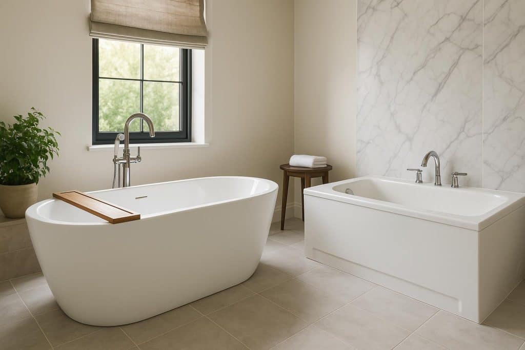 Modern luxury bathtub with elegant finishes, spa jets, and spacious design in a stylish bathroom