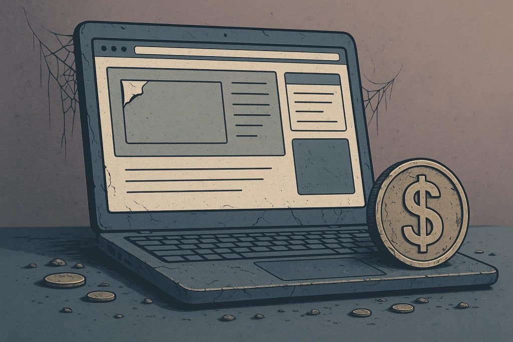 The Hidden Cost Of Using An Out-Of-Date Web Site Outdated website on desktop with broken links and warning symbols highlighting security risks