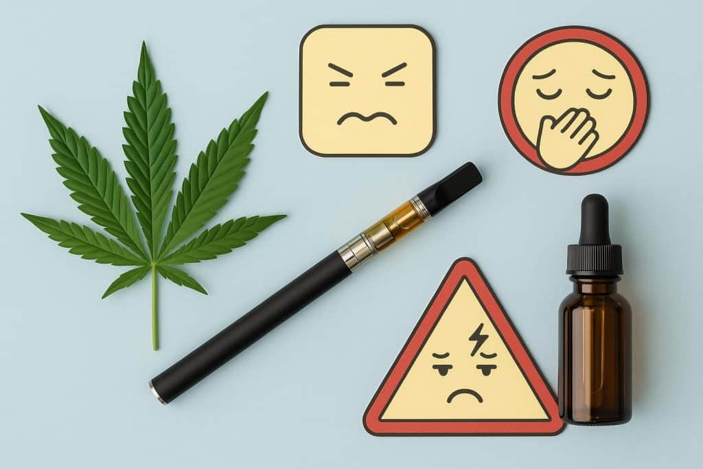 THC Vape Side Effects: Common Reactions and How to Minimize Them THC vape pen emitting vapor with warning symbols representing potential side effects and safety tips