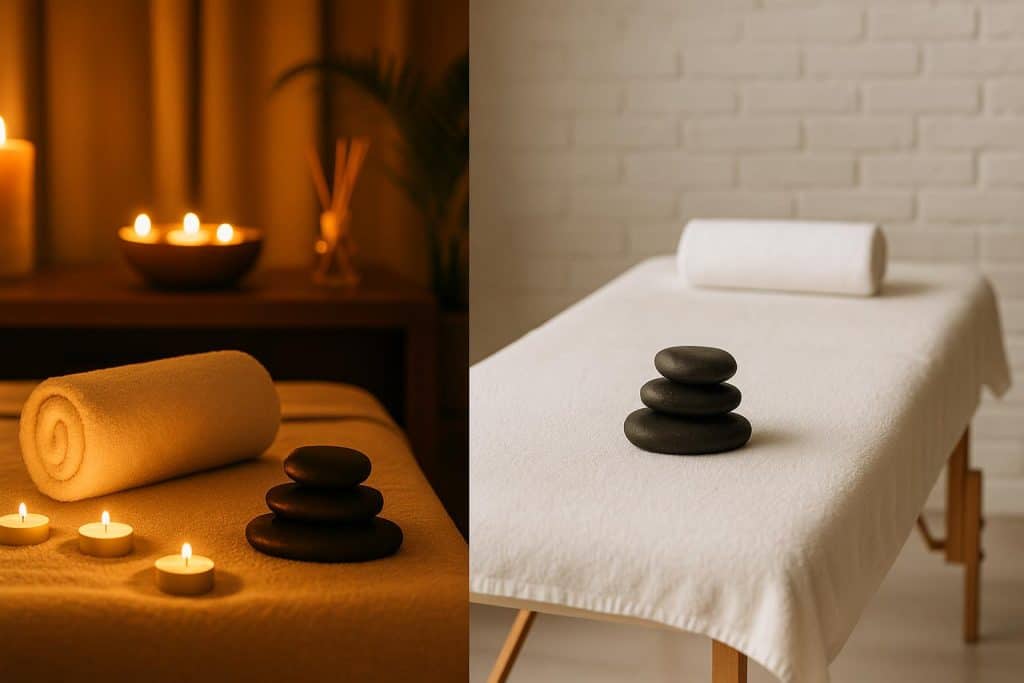 Luxury Therapeutic Massage Destin vs Traditional Massage: Which Offers Deeper Relaxation? Luxury spa room set up for therapeutic massage contrasting with traditional massage setting