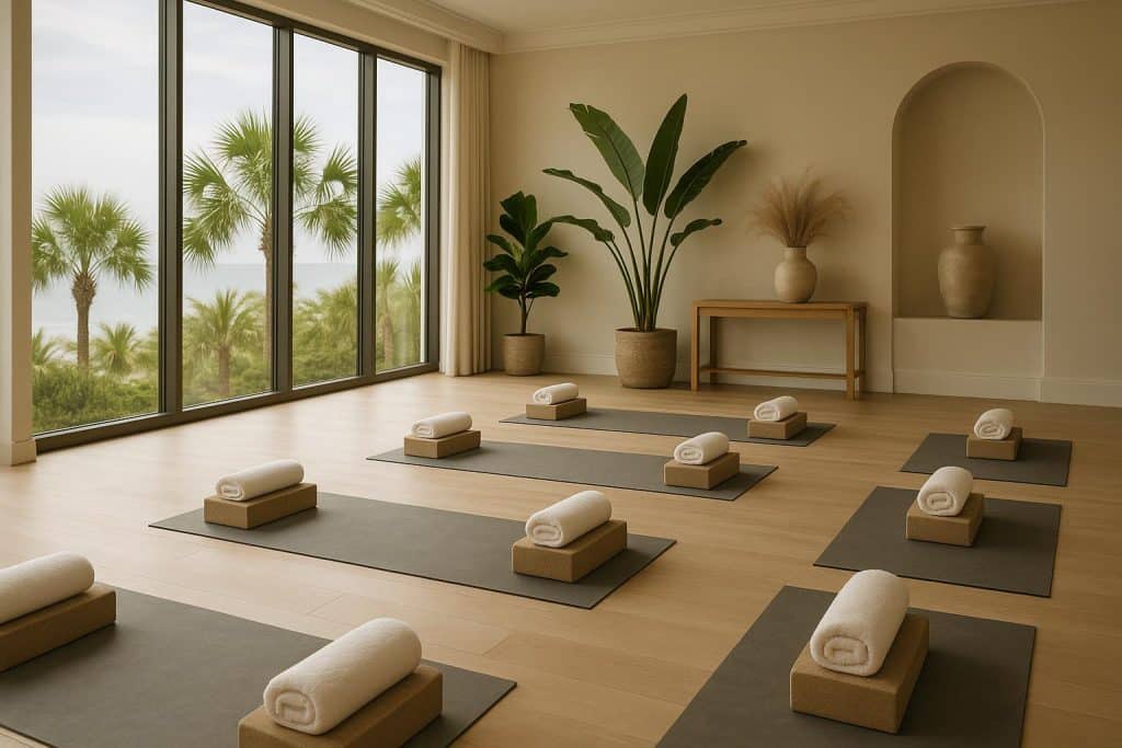 How Joining Luxury Yoga Classes Destin Transforms Your Mindset Elegant yoga studio with serene décor, luxury mats, and natural light enhancing a tranquil atmosphere