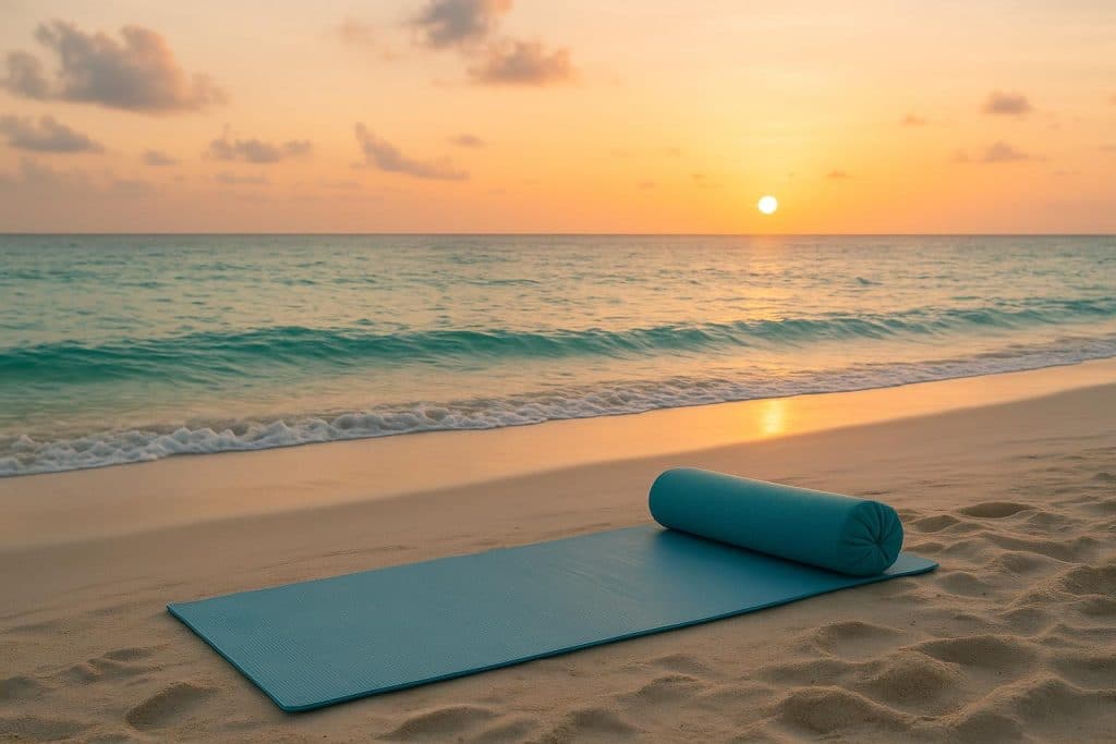 Serene Destin beach yoga session at sunrise promoting mental wellness and stress relief