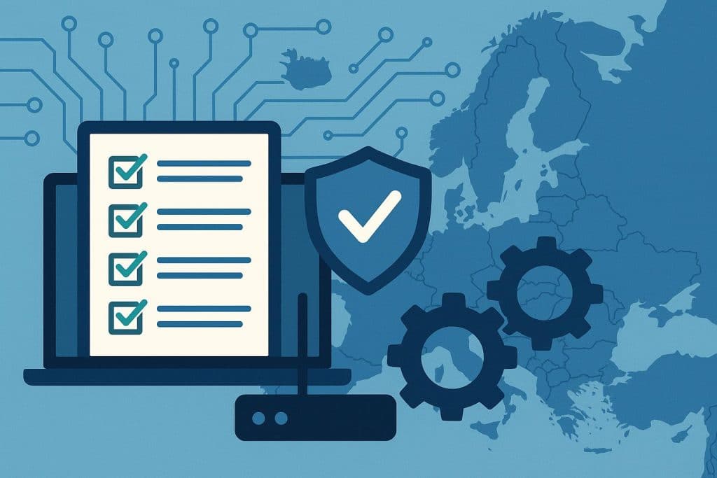Why European businesses need consistent IT policies and procedures Modern European office workspace showcasing organized IT systems and digital policy compliance