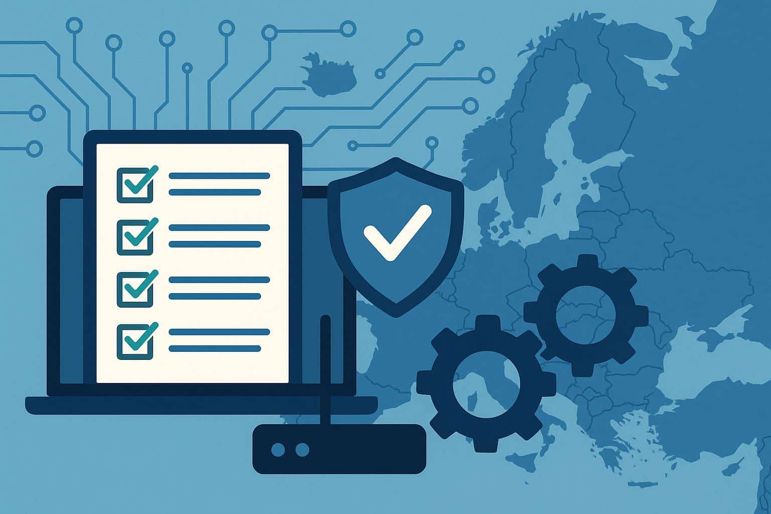 Modern European office workspace showcasing organized IT systems and digital policy compliance