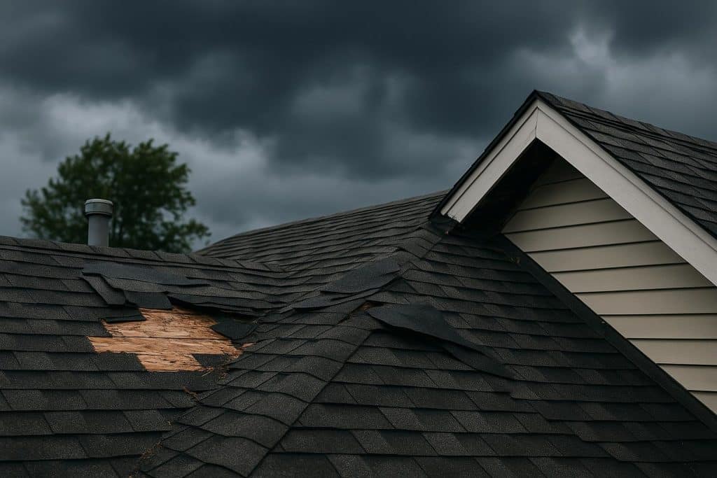 Damaged Kentucky roof with missing shingles after severe storm, highlighting emergency repairs