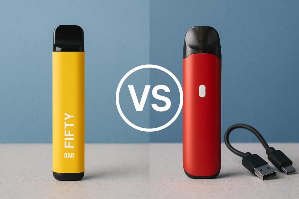 Fifty Bar vape device and rechargeable disposable vape side by side on a table for comparison