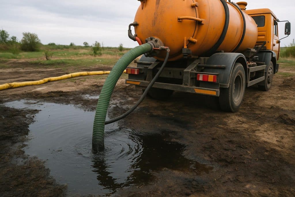 Vacuum truck removing hazardous waste to prevent environmental contamination and cleanup costs