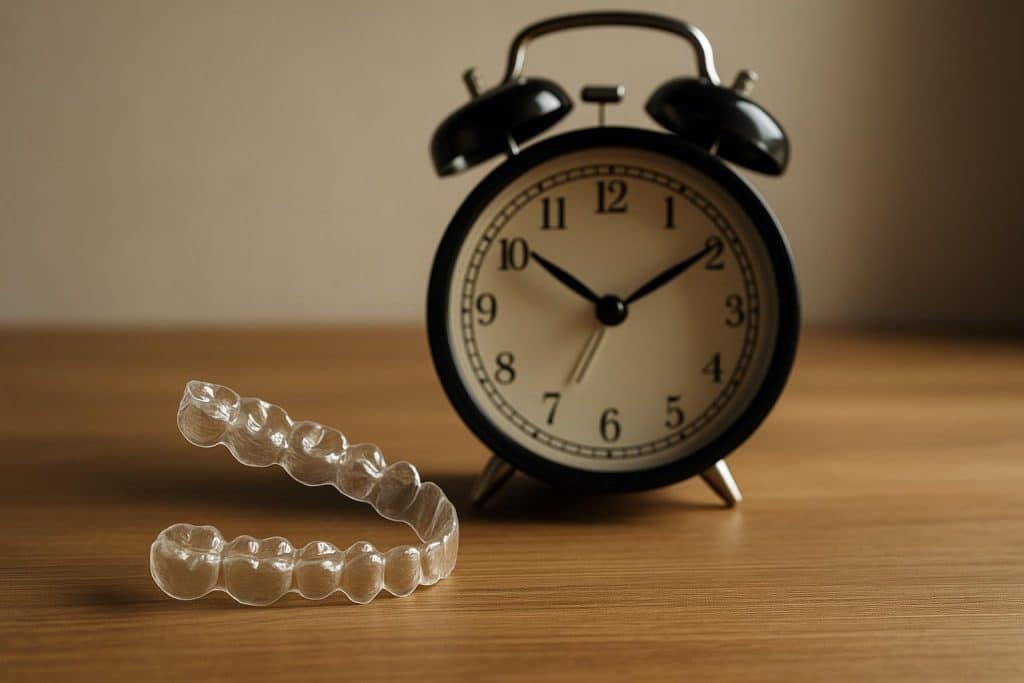 Close-up of clear Invisalign aligners on dental model highlighting orthodontic treatment duration