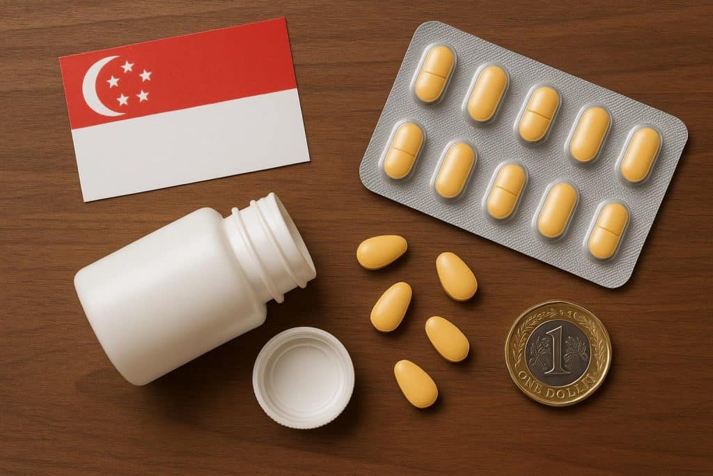 Tadalafil medication packaging and tablets for erectile dysfunction treatment in Singapore