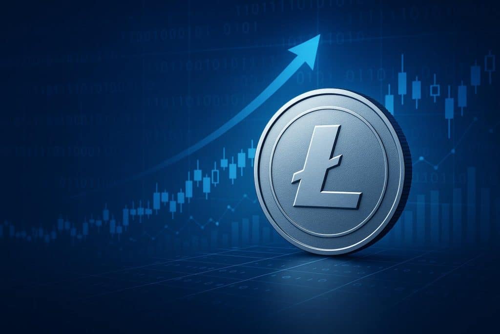 Litecoin logo surrounded by digital currency symbols representing cryptocurrency market trends