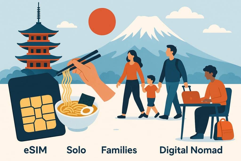 Japanese landmarks with smartphone and eSIM icons, representing travel for foodies, families, nomads