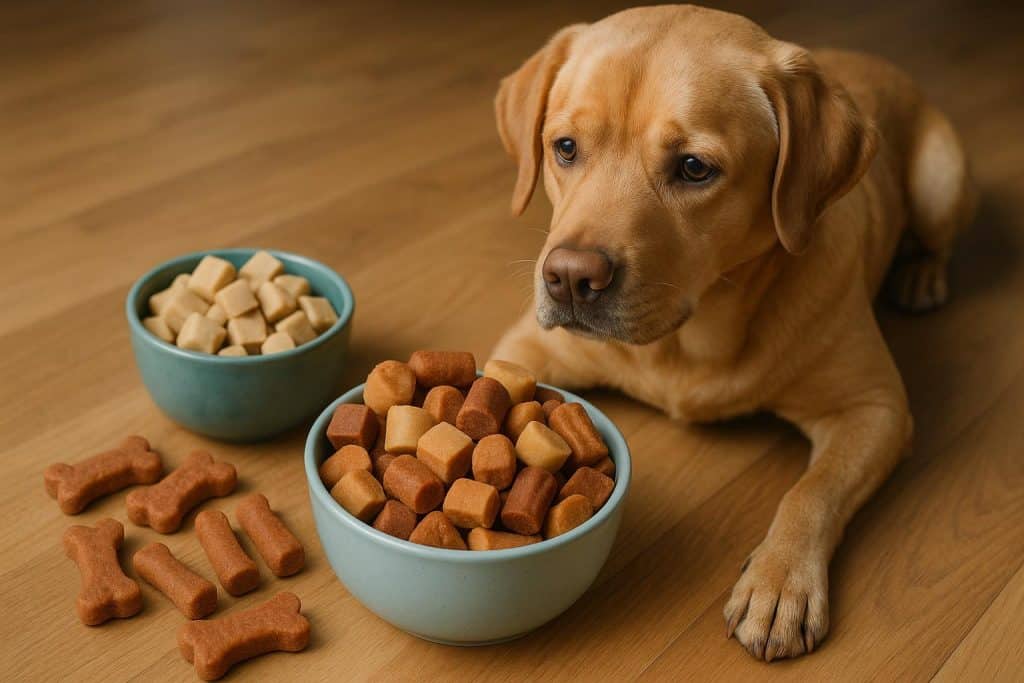 Assorted soft dog treats arranged on a wooden table for the best dog treat recommendations