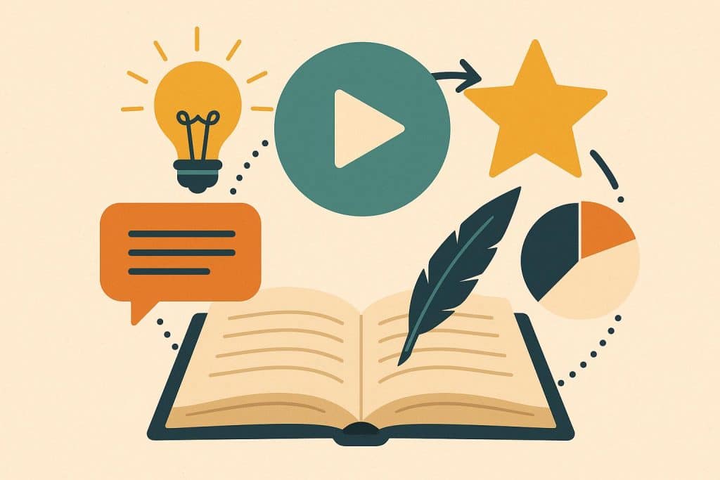 Illustration of marketers using storytelling strategies to build a memorable brand narrative