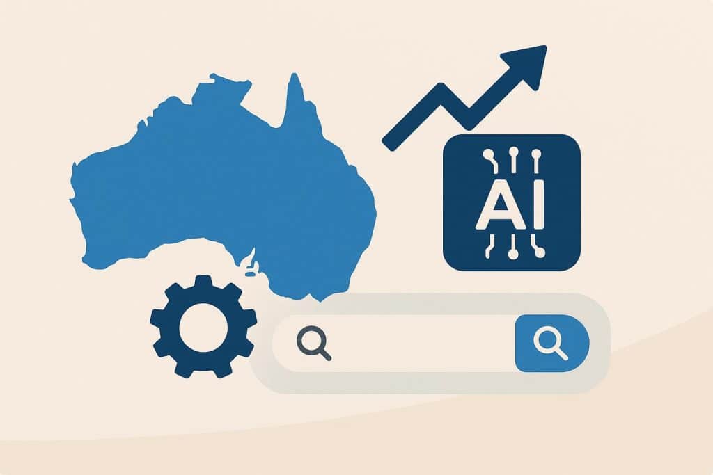 Modern office workspace with digital AI icons representing leading Australian search agencies