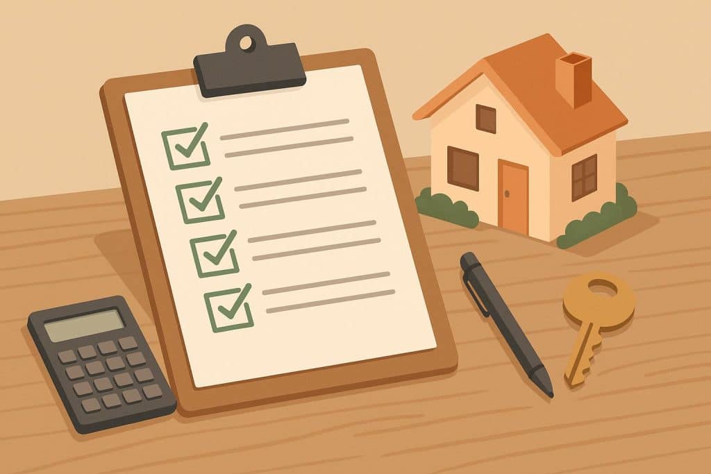 Checklist for selling a house with documents, keys, and a for sale sign on a wooden table