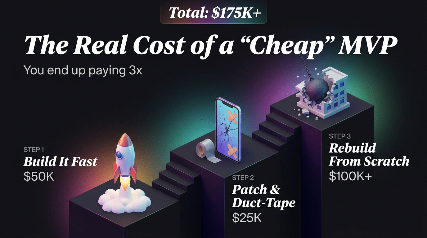 Infographic illustrating the real cost of a cheap MVP totaling $175K+, broken into three steps: Step 1 Build It Fast at $50K, Step 2 Patch and Duct-Tape at $25K, and Step 3 Rebuild From Scratch at $100K+