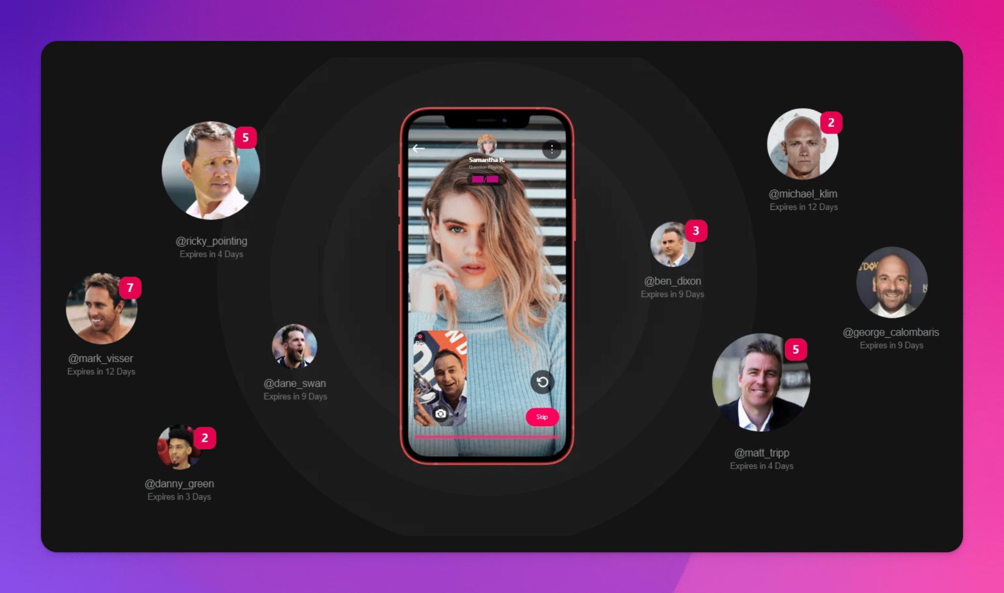 Vello social app interface showing multiple user profile cards with photos and usernames on a dark background, demonstrating the app's polished MVP design that earned a 4.8-star App Store rating