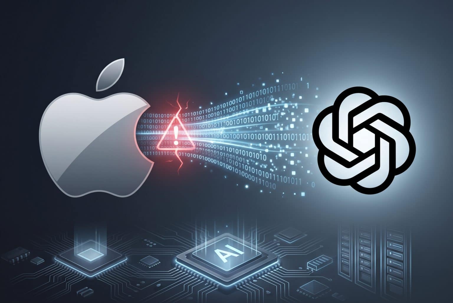 A digital illustration visualizing a potential conflict between Apple and OpenAI. On the left, the silver Apple logo floats. A stream of glowing binary data flows from a red warning icon (a triangle with an exclamation mark and crack pattern) directly from the Apple logo. This data stream moves towards the black OpenAI logo on the right, which is absorbing the fragmented data. The entire scene is set above a grid of glowing futuristic circuit boards with various microchips, including one prominent chip labeled "AI". In the far background, stylized server racks are visible. The atmosphere is dark and high-tech, with blue and red light effects, suggesting security breaches and the high-stakes nature of AI trade secrets.