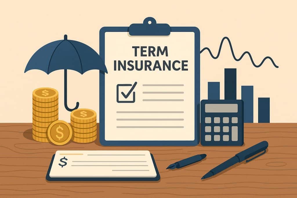 Calculator, scattered documents, and coins illustrating term insurance planning on variable income