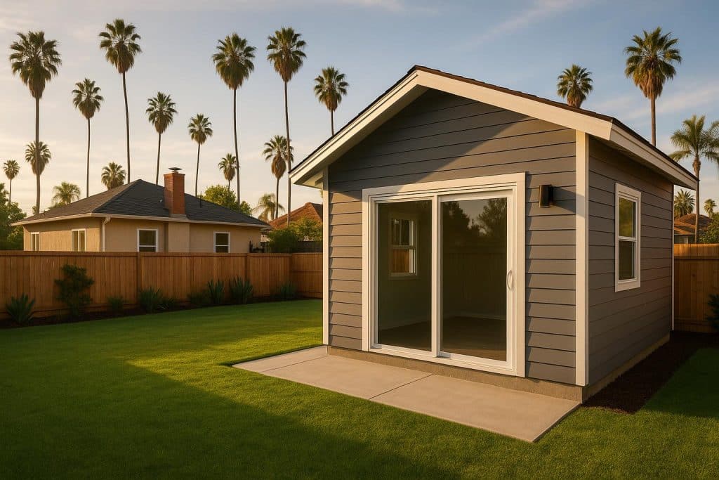 Modern backyard accessory dwelling unit with landscaped garden in a Los Angeles residential neighborhood
