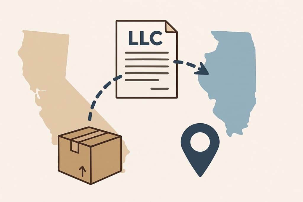 LLC relocation process illustrated with moving boxes and documents across state borders