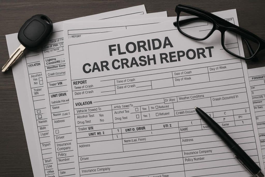 Florida Car Crash Reports Explained: What Information Is Included? Florida car crash scene with damaged vehicles and police barrier illustrating accident reports