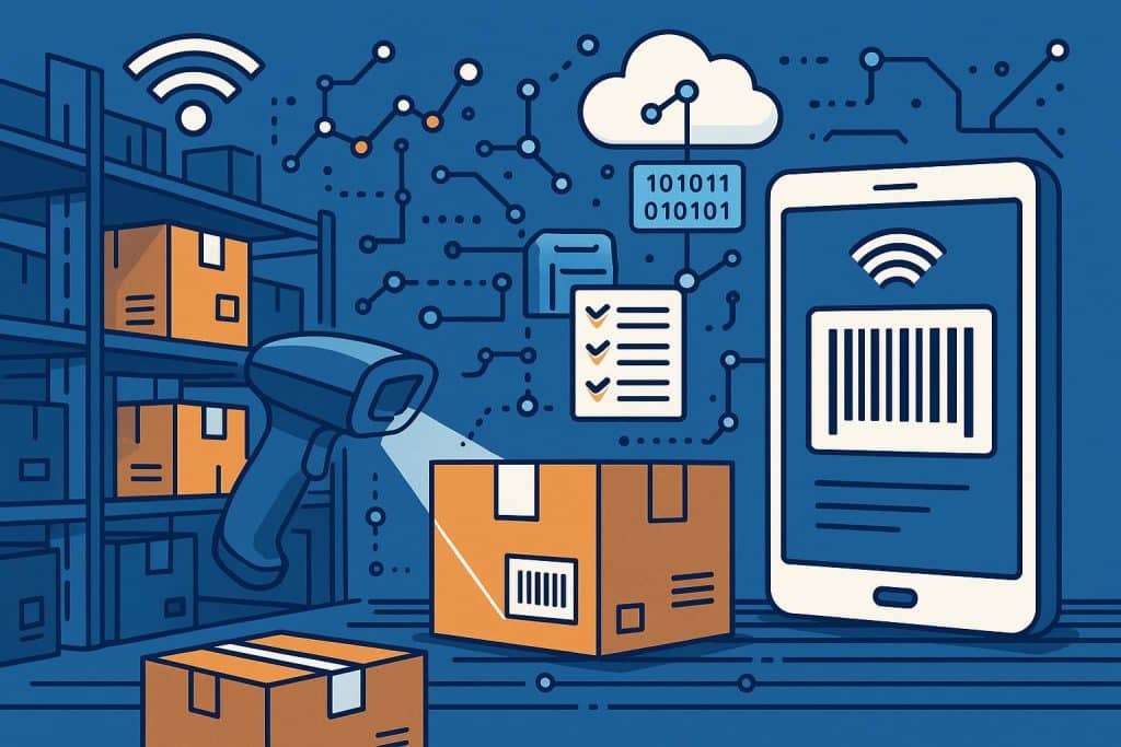 Automated warehouse robots and digital dashboard streamlining inventory management operations