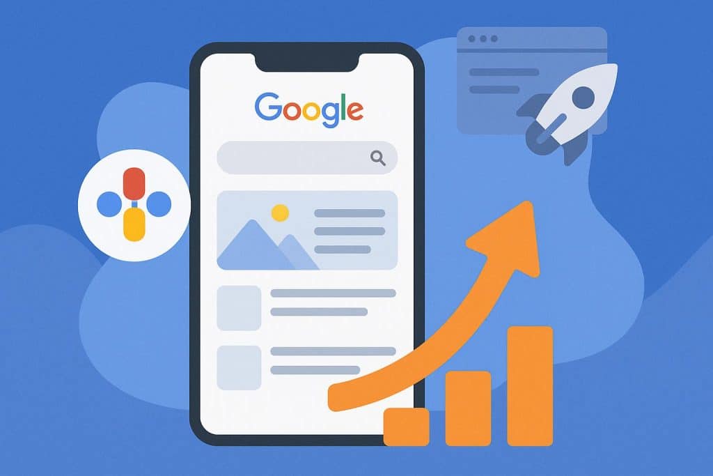 Google Discover content optimization illustration with article snippets and mobile search interface