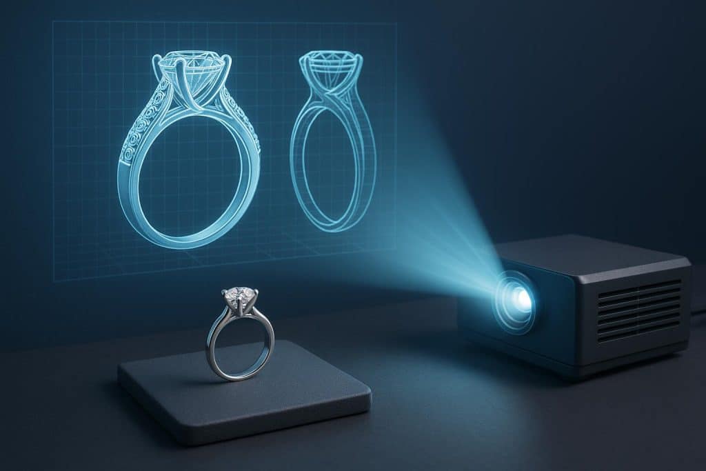 How Projection Technology is Changing the Jewelry Industry Digital projection showcasing intricate jewelry designs on display in a modern showroom