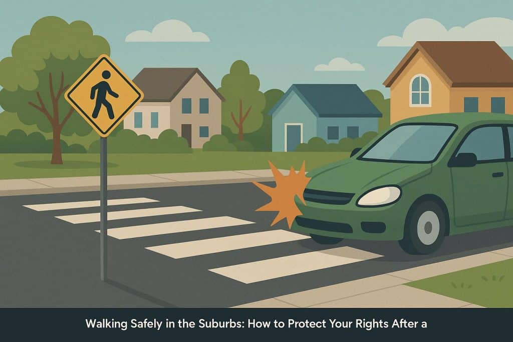 Suburban crosswalk with safety signs highlighting pedestrian accident prevention measures