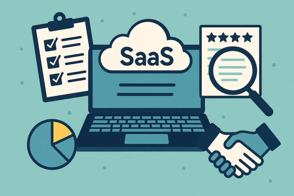 Businessperson analyzing SaaS vendor contract and software dashboard for partnership evaluation