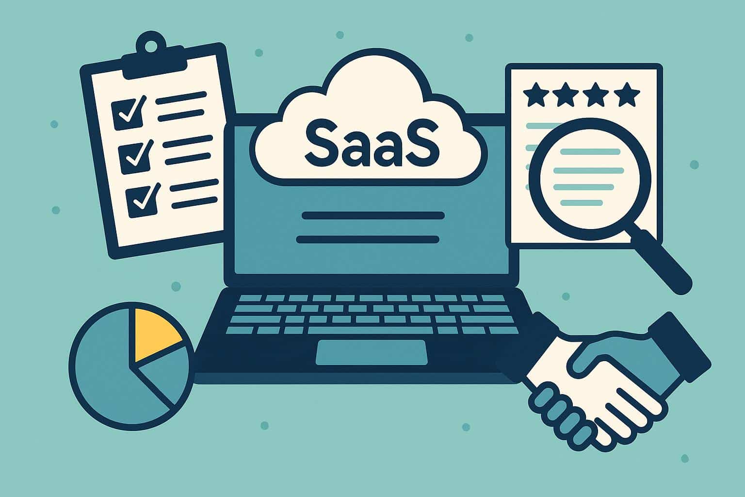 Businessperson analyzing SaaS vendor contract and software dashboard for partnership evaluation