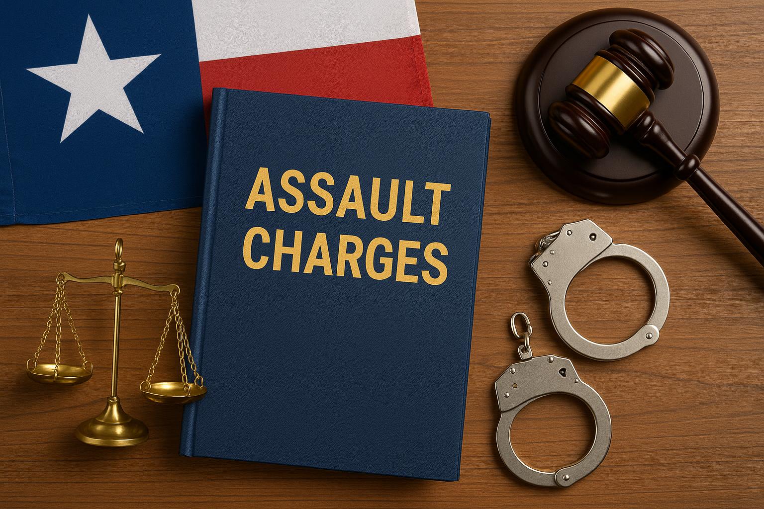 Courtroom gavel, Texas flag, and legal documents symbolizing assault charges and legal process
