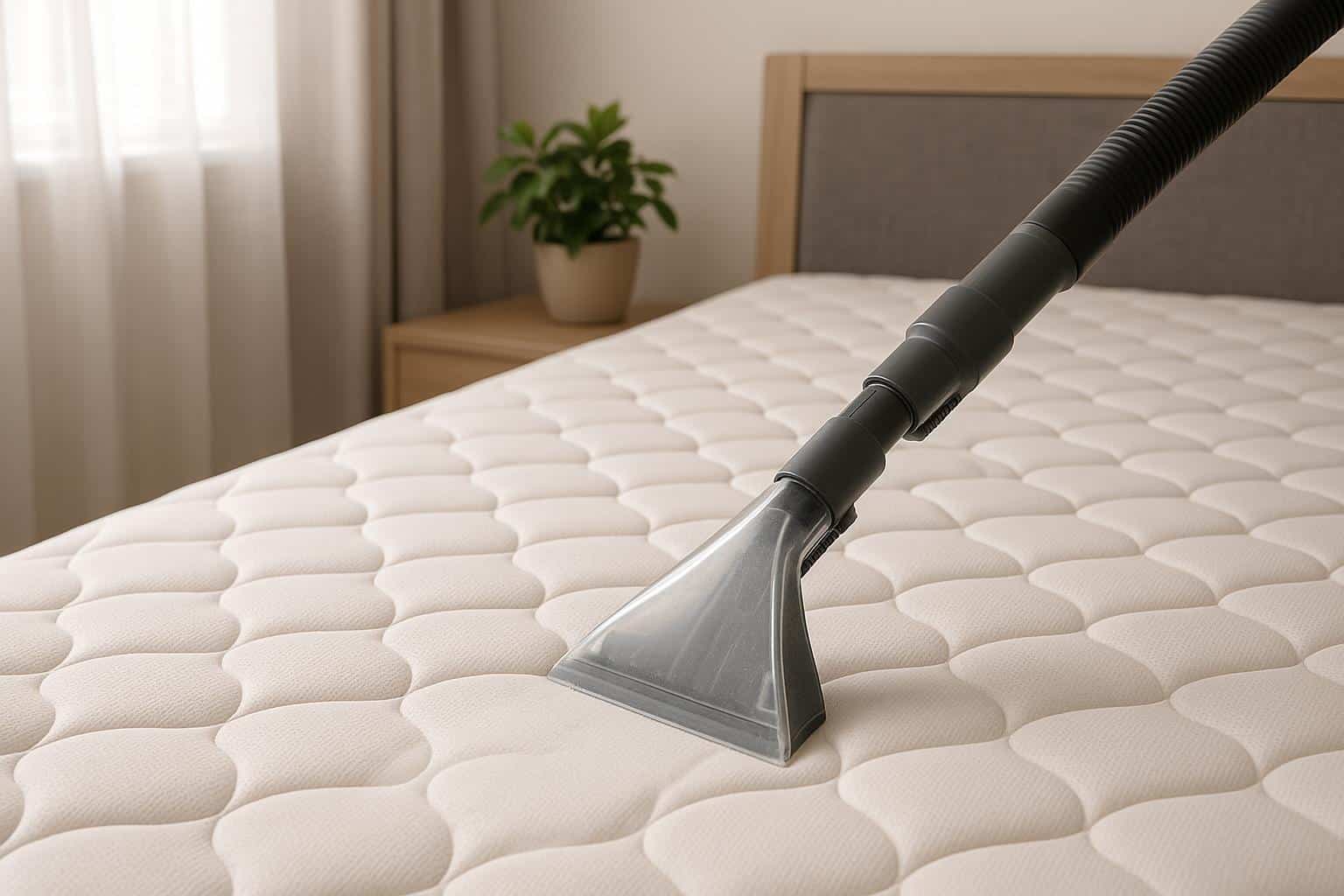 Vacuuming a mattress to remove dust and allergens for a cleaner, healthier home environment