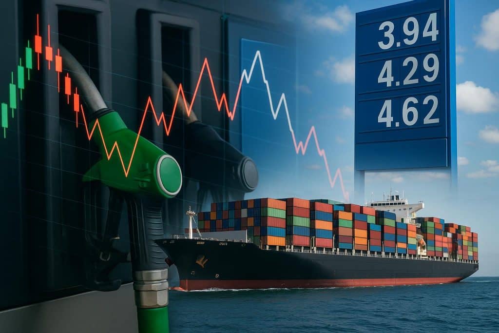 Freight trucks transporting goods with gas station price sign showing fluctuating fuel costs