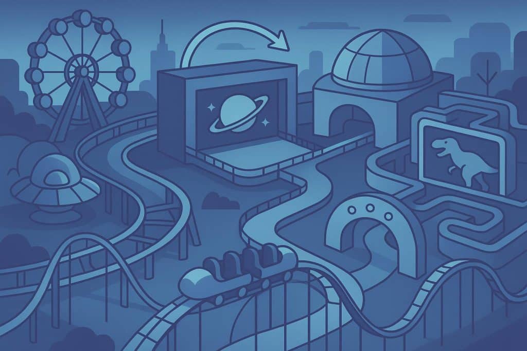 The Rise of System-Based Entertainment Instead of Standalone Attractions Theme park showcasing interconnected rides, branded zones, and immersive entertainment systems