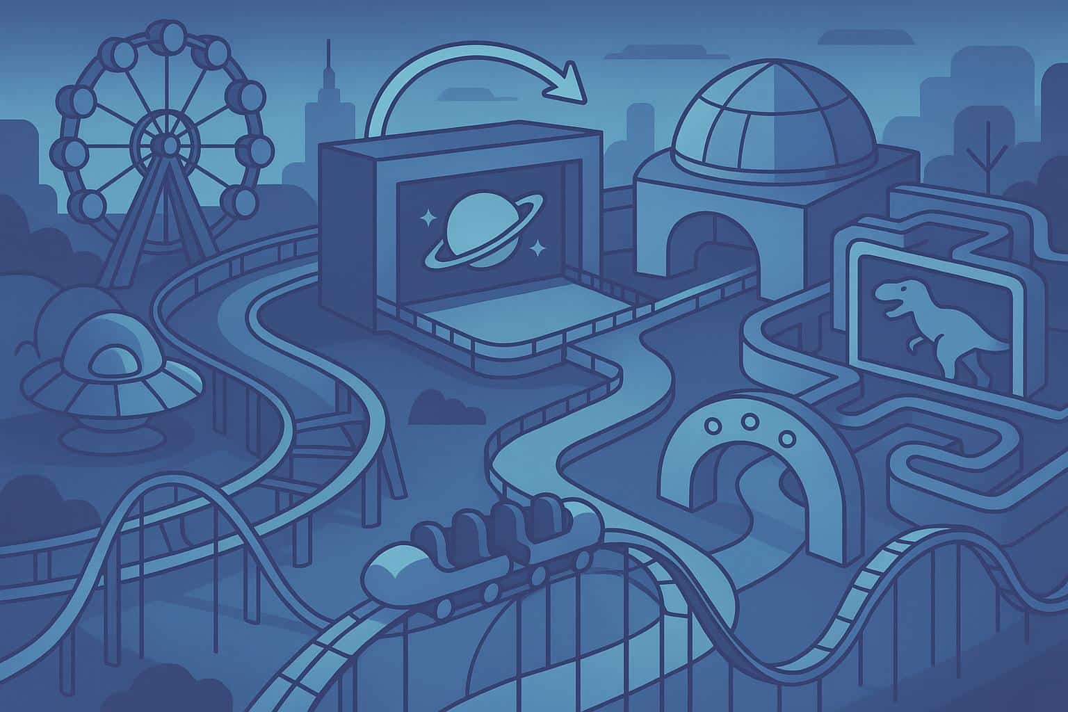 Theme park showcasing interconnected rides, branded zones, and immersive entertainment systems