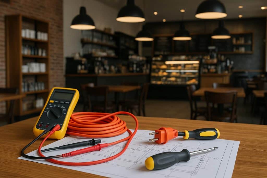 Electrician installing wiring in Lancaster SC restaurant for tenant buildout project