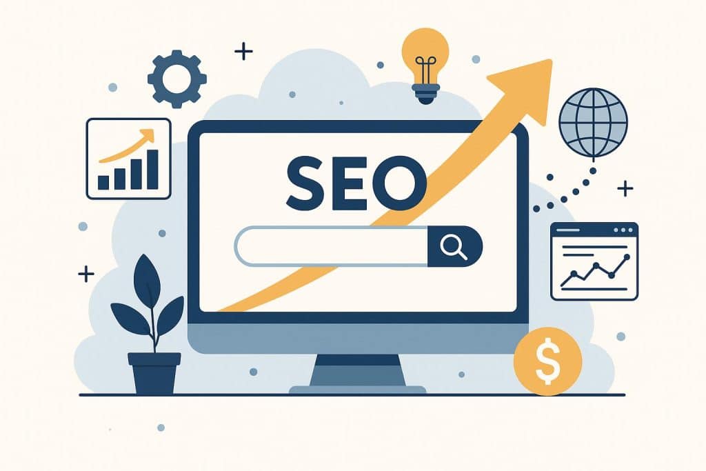 Magnifying glass highlighting digital growth charts representing SEO opportunities for businesses