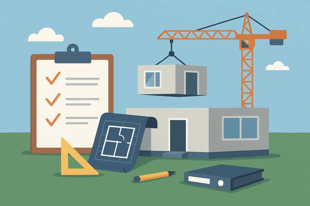 Modular building sections being assembled on site with construction equipment and materials