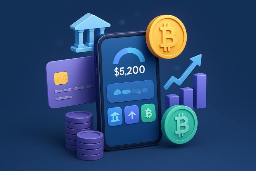 Mobile app dashboard displaying digital banking and cryptocurrency management features