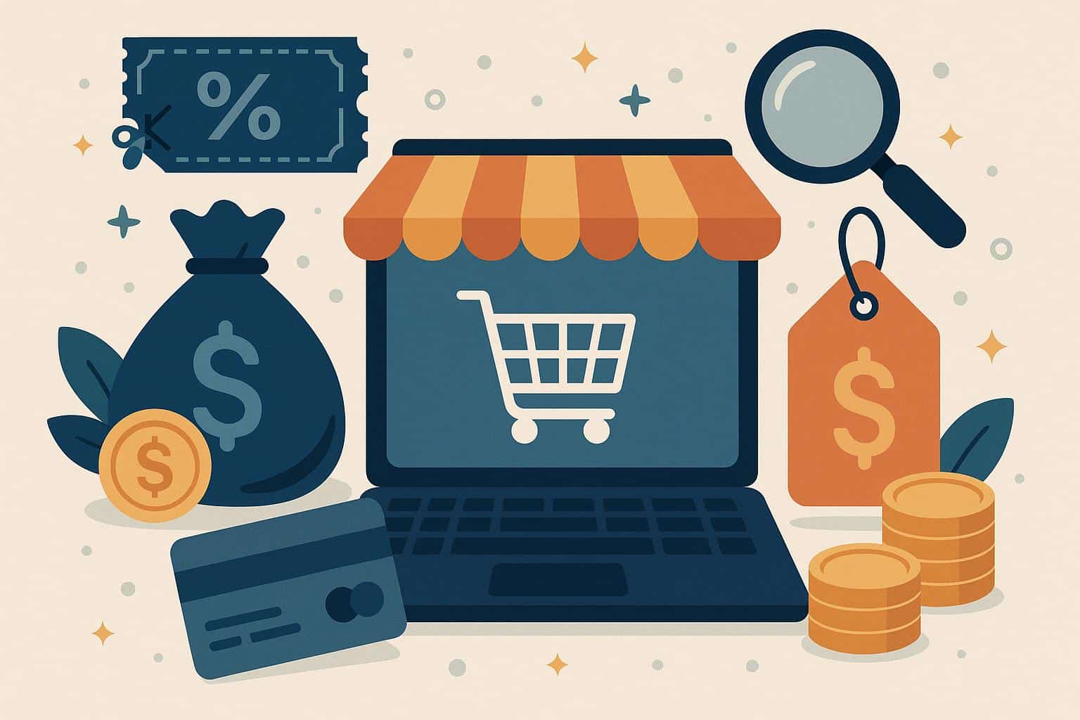 Digital shopping cart filled with discounted products, representing online savings and smart consumers