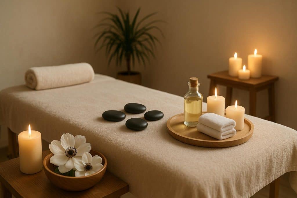 Refresh Your Body and Mind with Professional Outcall Anma Services Anytime Relaxing home massage setup with soft towels, essential oils, and tranquil atmosphere for anma therapy