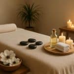 Relaxing home massage setup with soft towels, essential oils, and tranquil atmosphere for anma therapy