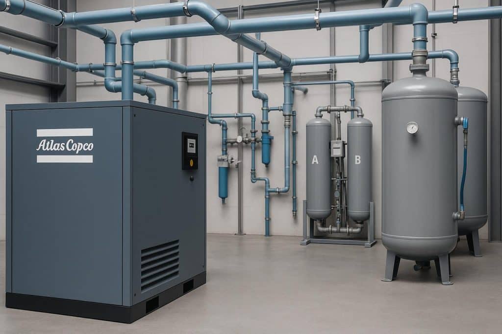 Best Ways to Improve Air System Efficiency with Atlas Copco Atlas Copco air compressors optimizing industrial air system efficiency in a modern facility